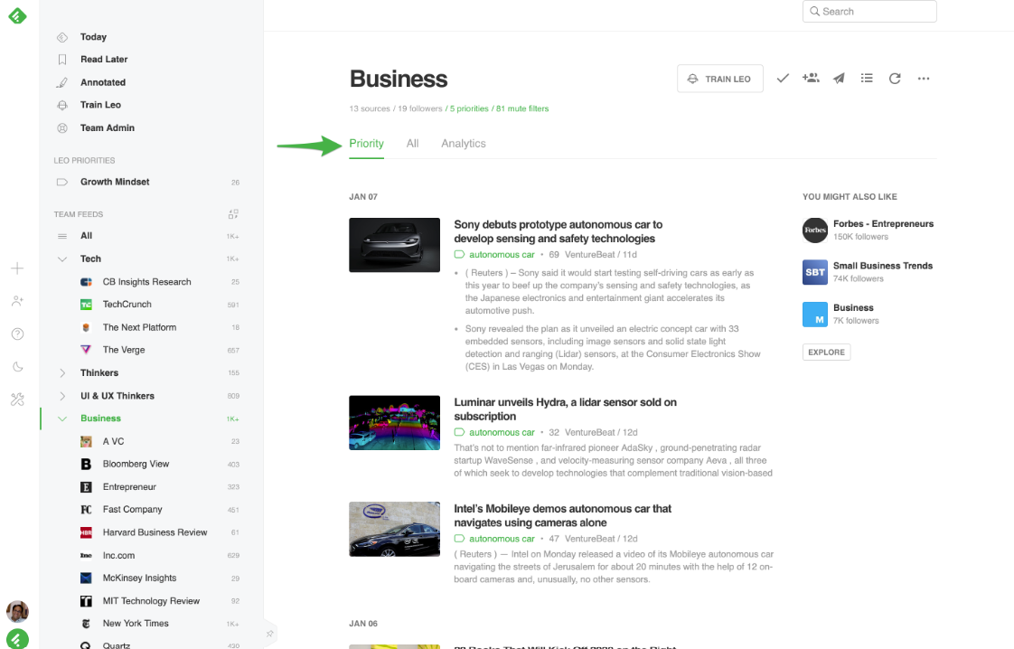 screenshot of Feedly AI